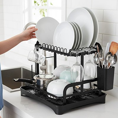 Egouttoir vaisselle avec porte-couverts intégré 