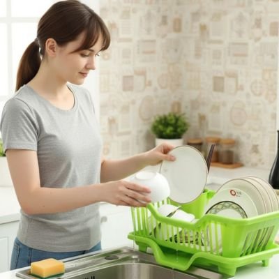 Egouttoir vaisselle vert avec compartiments multiples