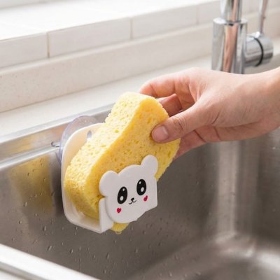 Porte éponge mini chaton blanc ventouse fixé dans évier 